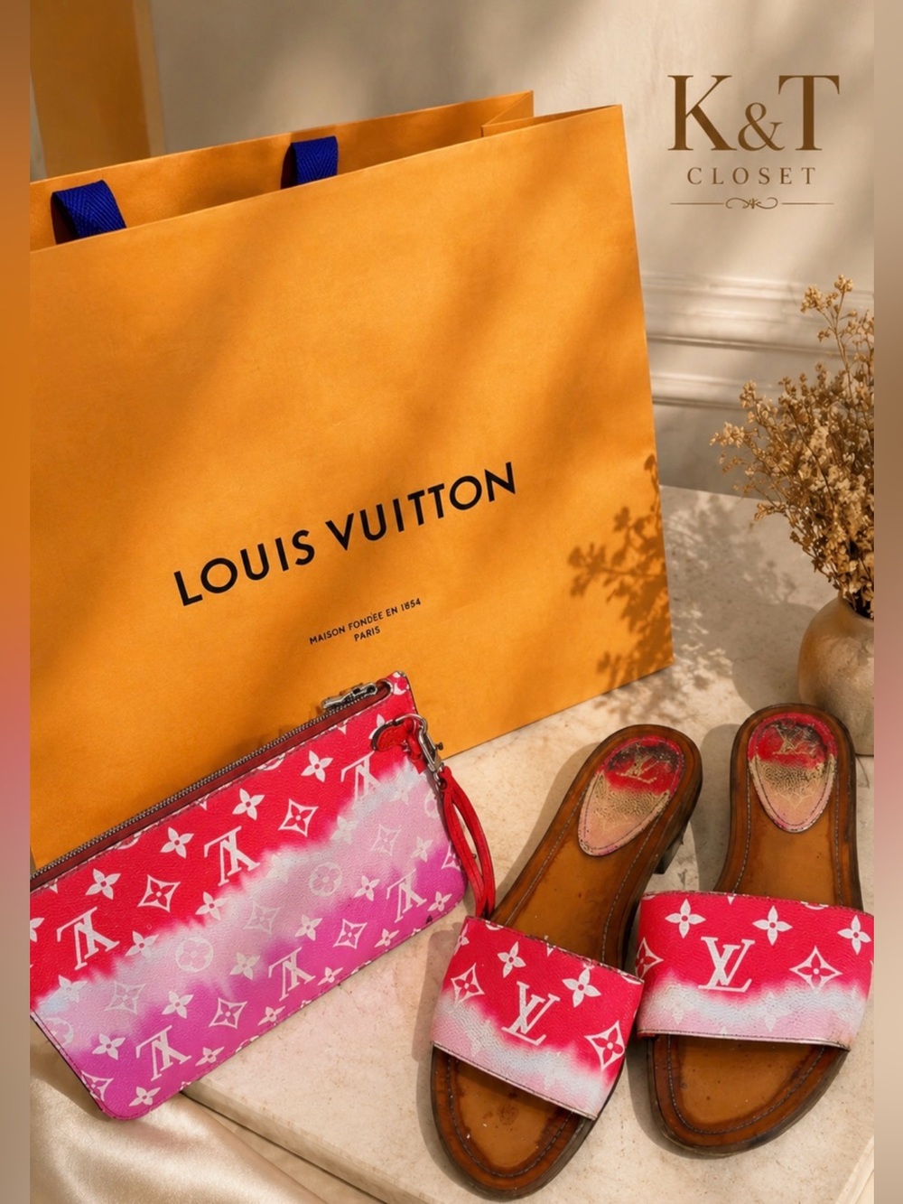 Authentic Vuitton Pink & White Monogram Slide Sandals with Matching pouch